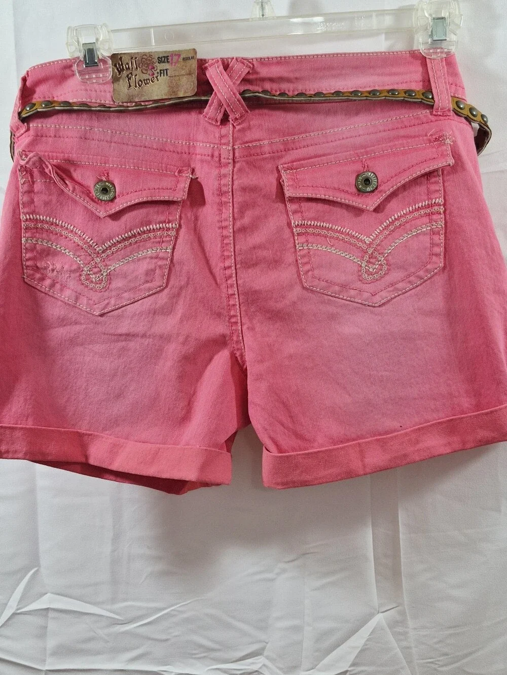 Wallflower Pink Siesta Distressed Low Rise Denim Shorts with Studded Tan Belt